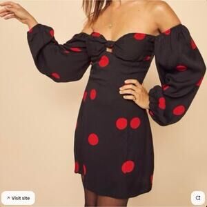 NWT Reformation 12 Long Sleeve Roshay Polka Dot Off the Shoulder Dress Black Red